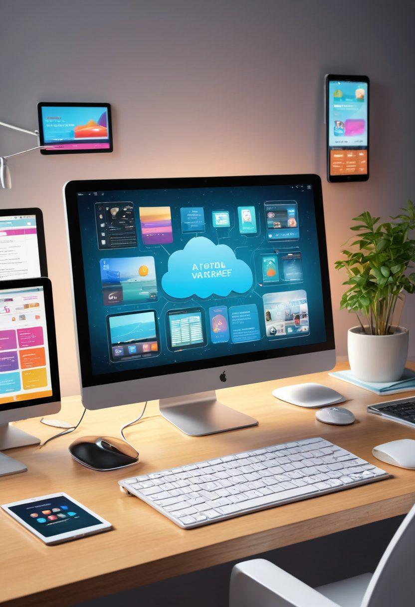 A digital workspace featuring a content management system interface on a sleek computer screen, surrounded by innovative tech gadgets like tablets and smartphones, symbolizing the evolution of online narratives. Incorporate dynamic elements like data flow or digital clouds to represent tech innovations, and include artistic representations of diverse content types (blogs, videos, infographics). Super-realistic. Vibrant colors.