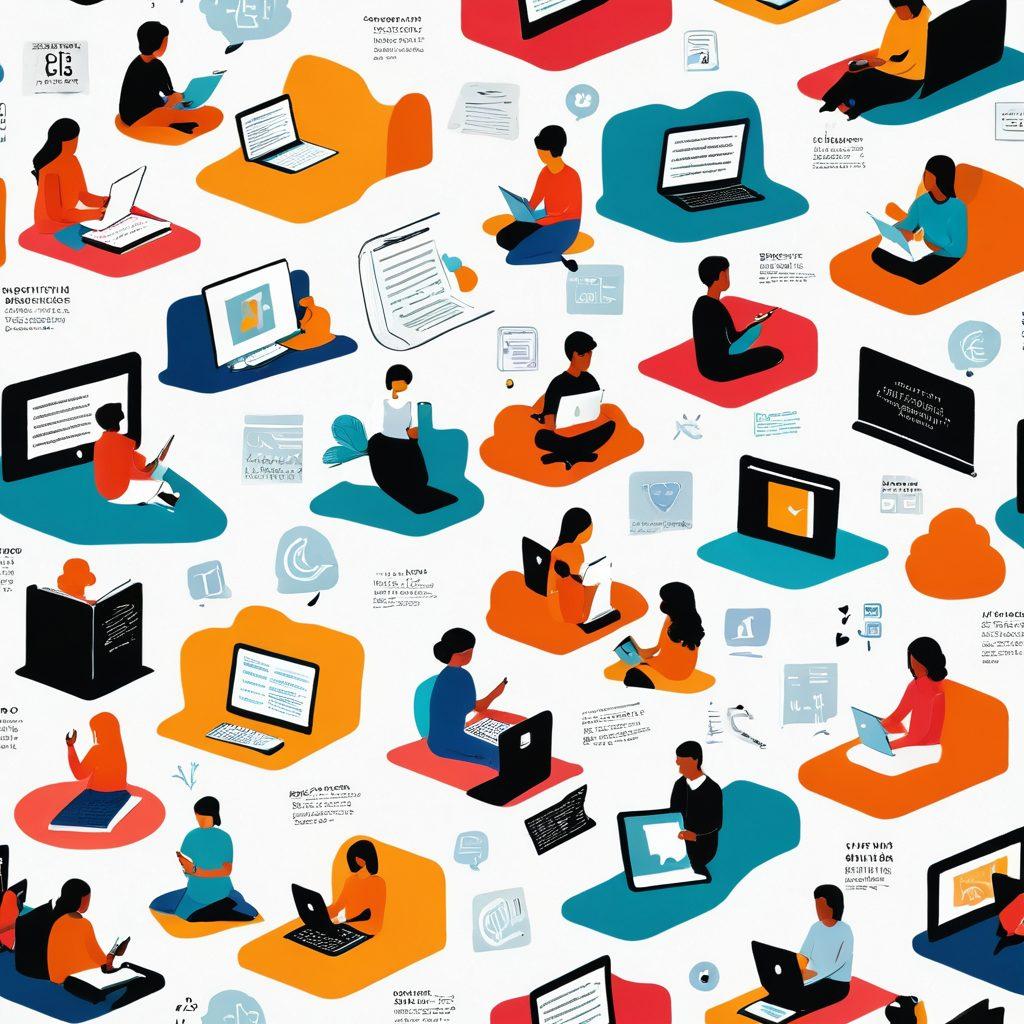 A creative landscape depicting a blend of analog diaries transforming into vibrant digital screens, showcasing diverse communities interacting online. Include illustrations of people from different backgrounds engaged in discussions, with floating icons representing blogs, social media, and technology. Soft, inviting colors to evoke a sense of connection and nostalgia. surrealistic. vibrant colors. white background.
